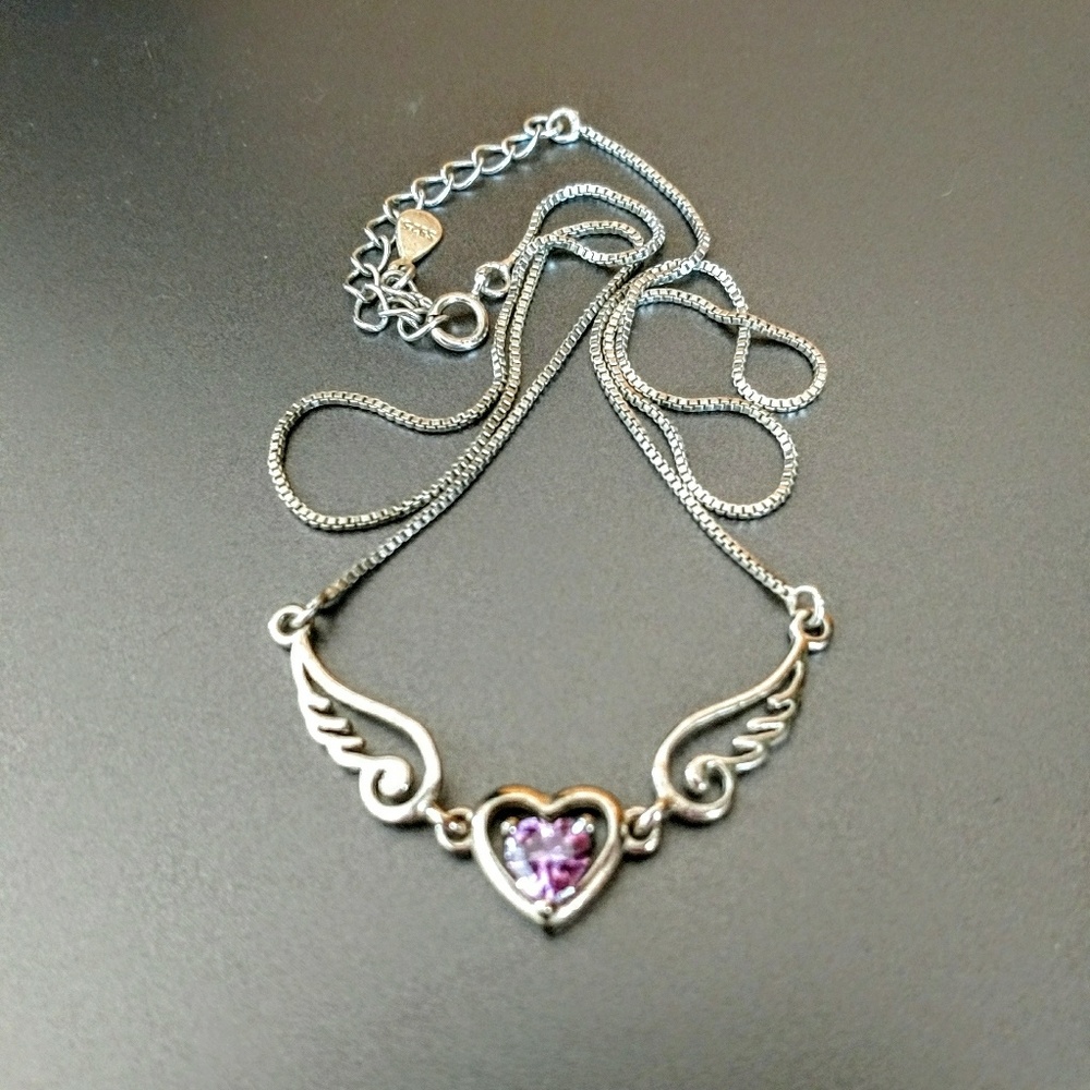 Silver Amethyst Heart/Angel Wing Necklace